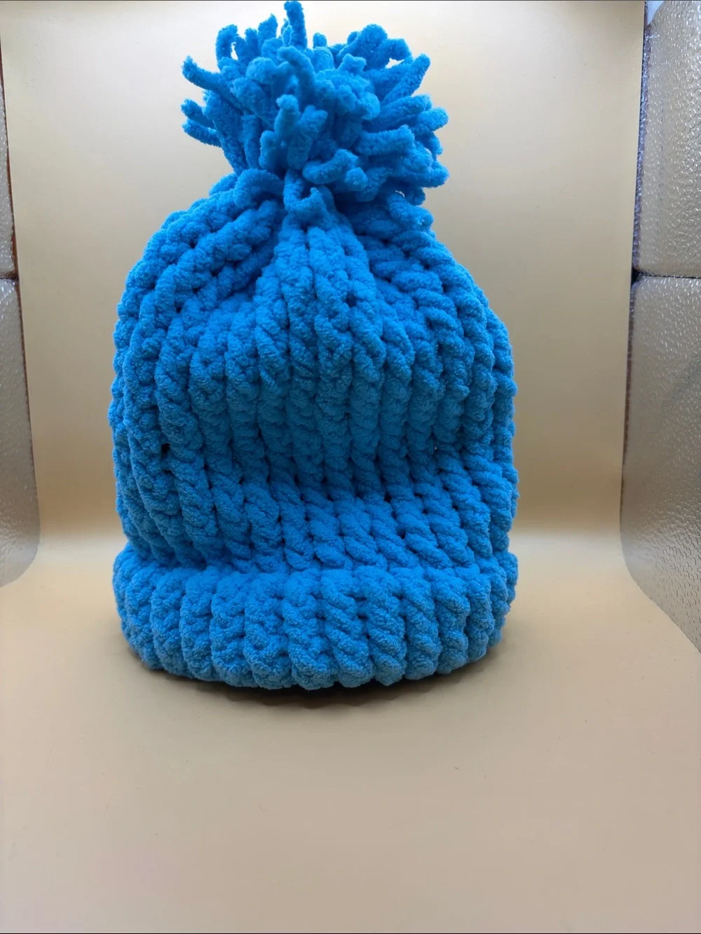 Plush Pom Knit Beanie for Kids - Bright Blue
